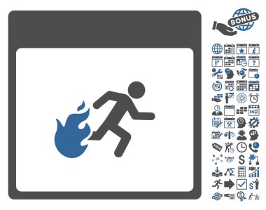 Bonus ile yangın tahliye adam takvim sayfa düz vektör simgesi