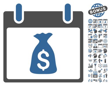 Bonus ile para çantası takvim gün düz vektör simgesi