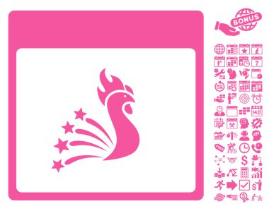 Bonus ile şenlikli horoz takvim sayfa düz vektör simgesi