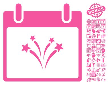 Bonus ile havai fişek takvim gün düz vektör simgesi