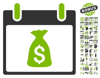 Bonus ile para çantası takvim gün düz vektör simgesi