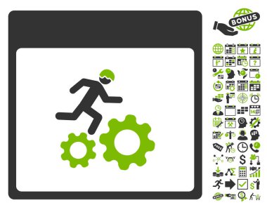 Bonus ile çalışan işçi takvim sayfa düz vektör simgesi