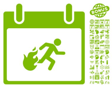 Bonus ile yangın tahliye adam takvim gün düz vektör simgesi