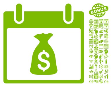 Bonus ile para çantası takvim gün düz vektör simgesi