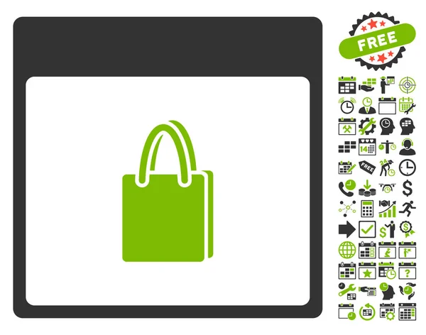 Página del calendario de la bolsa de compras Vector plano icono con bono — Vector de stock