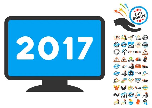 Icono de visualización 2017 con pictogramas de bonificación de año 2017 — Archivo Imágenes Vectoriales