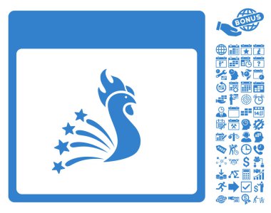 Bonus ile şenlikli horoz takvim sayfa düz vektör simgesi