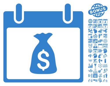 Bonus ile para çantası takvim gün düz vektör simgesi