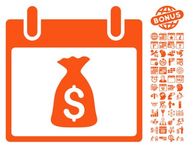 Bonus ile para çantası takvim gün düz vektör simgesi