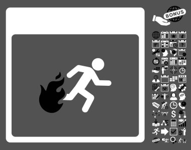 Bonus ile yangın tahliye adam takvim sayfa düz vektör simgesi