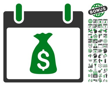 Bonus ile para çantası takvim gün düz vektör simgesi