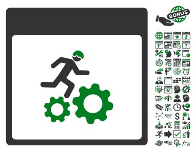 Bonus ile çalışan işçi takvim sayfa düz vektör simgesi