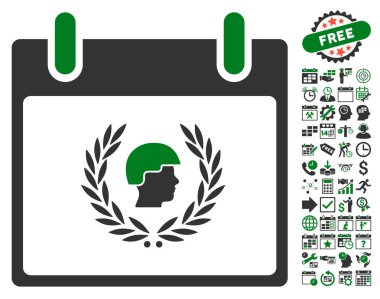 Bonus ile asker defne çelengi takvim gün düz vektör simgesi