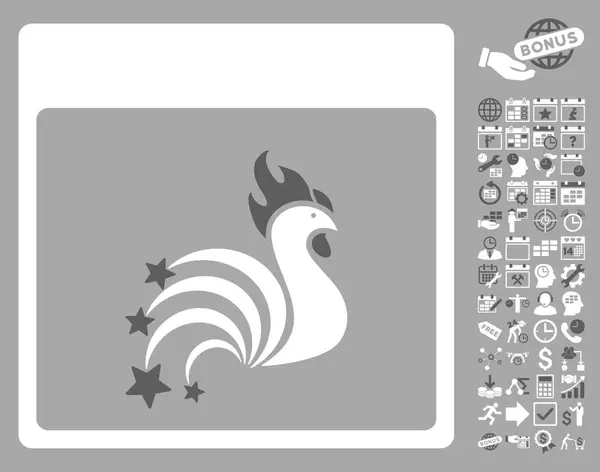 Rooster Fireworks Calendar Página plana Vector icono con bono — Vector de stock
