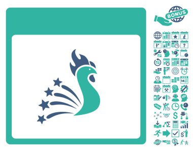 Bonus ile şenlikli horoz takvim sayfa düz vektör simgesi