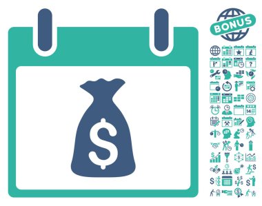 Bonus ile para çantası takvim gün düz vektör simgesi