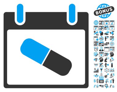 Bonus ile uyuşturucu hap takvim gün düz vektör simgesi