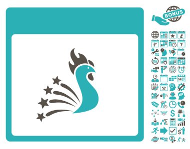 Bonus ile şenlikli horoz takvim sayfa düz vektör simgesi