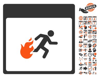 Bonus ile yangın tahliye adam takvim sayfa düz vektör simgesi