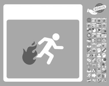 Bonus ile yangın tahliye adam takvim sayfa düz vektör simgesi