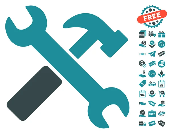 Icono de martillo y llave inglesa con bono gratis — Vector de stock