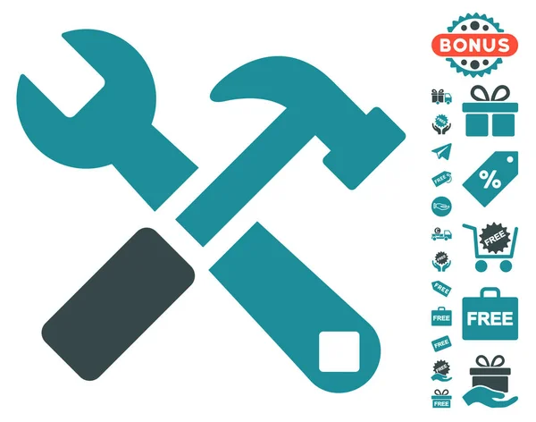 Icono de martillo y llave inglesa con bono gratis — Vector de stock