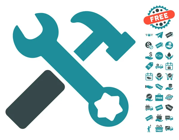 Icono de martillo y llave inglesa con bono gratis — Vector de stock