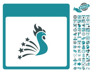 Bonus ile şenlikli horoz takvim sayfa düz vektör simgesi