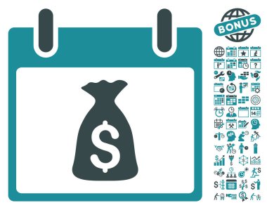 Bonus ile para çantası takvim gün düz vektör simgesi
