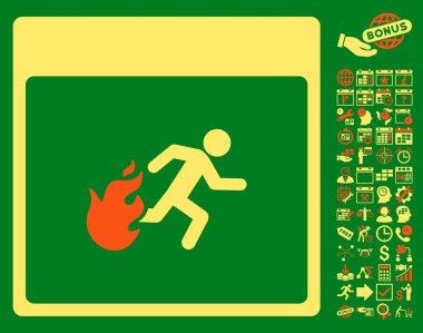 Bonus ile yangın tahliye adam takvim sayfa düz vektör simgesi