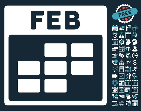 Ícone plano do vetor da grade do calendário de fevereiro com bônus — Vetor de Stock