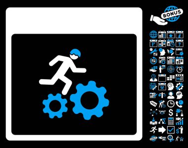 Bonus ile çalışan işçi takvim sayfa düz vektör simgesi