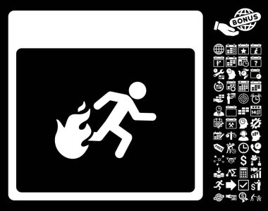 Bonus ile yangın tahliye adam takvim sayfa düz vektör simgesi