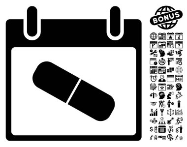 Bonus ile uyuşturucu hap takvim gün düz vektör simgesi