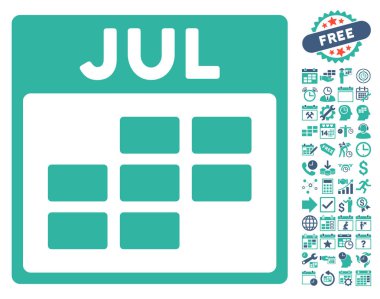 Bonus ile Temmuz takvim kılavuz düz vektör simgesi