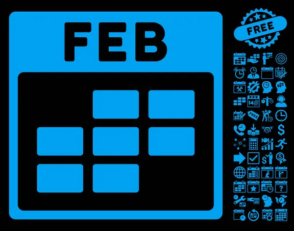 Febrero Calendario Cuadrícula plana Vector Icono Con Bono — Vector de stock