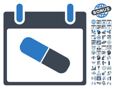 Bonus ile uyuşturucu hap takvim gün düz vektör simgesi