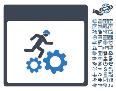 Bonus ile çalışan işçi takvim sayfa düz vektör simgesi