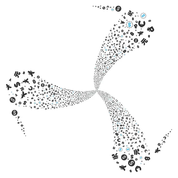 Moeda Símbolos Fogos de artifício Rotação redemoinho — Vetor de Stock