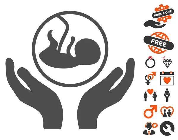 Embryo zorg handen pictogram met Valentijn Bonus — Stockvector