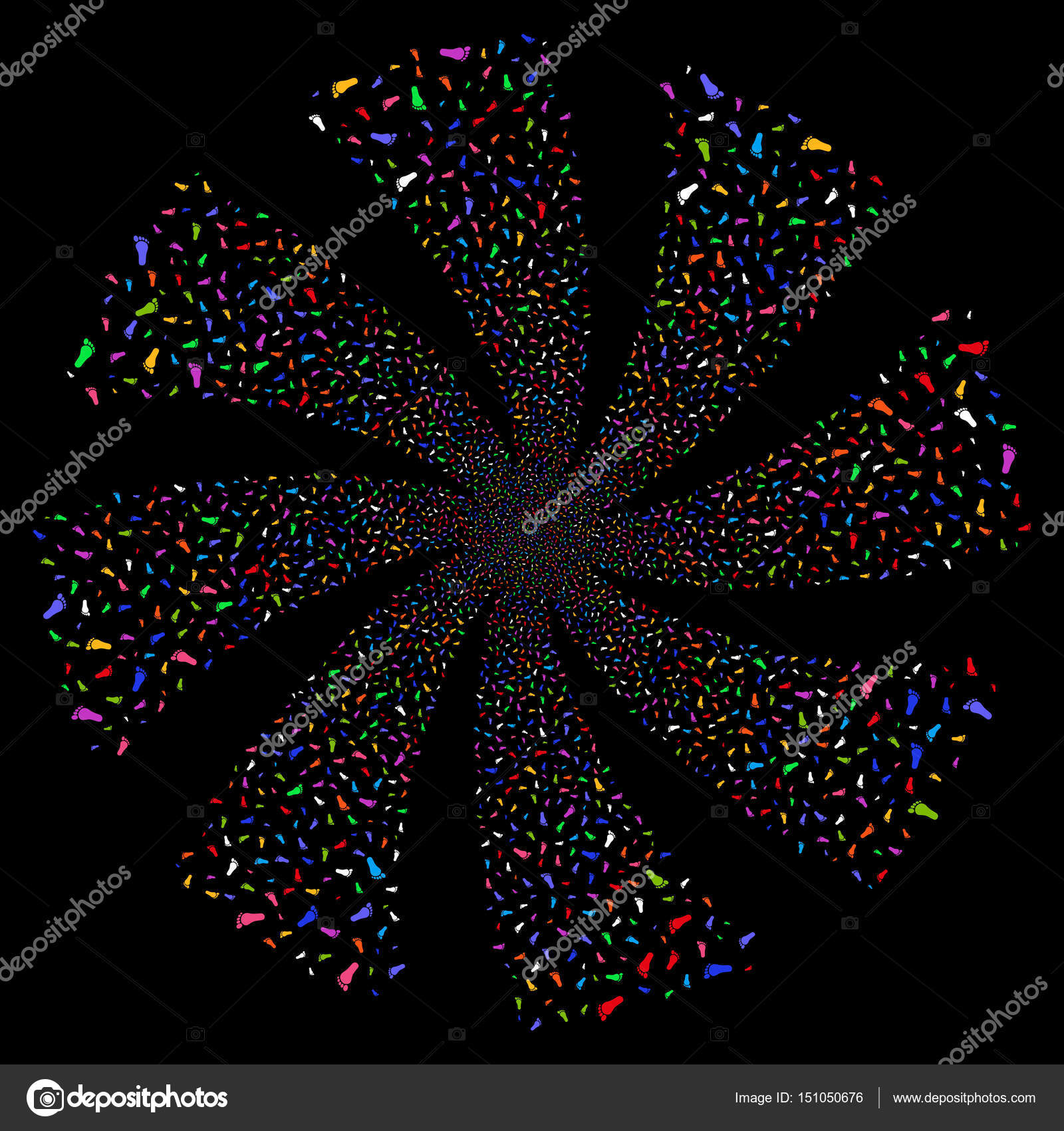 Fuochi d artificio di impronta umani ricciolo rotazione Stile di illustrazione vettoriale ¨ piatto luminosi multicolori simboli iconici su sfondo nero