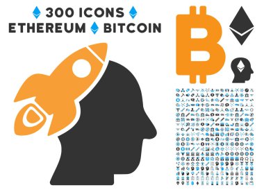 Uzay roketi kafa düz simgesi koleksiyonu ile düşünme