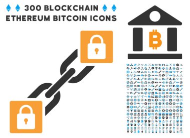 Kilit Blockchain düz simge seti ile