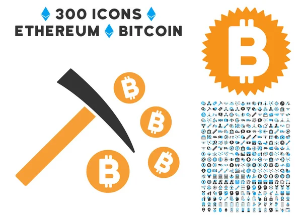 Bitcoin Mining Hammer Flat Icon with Set — Stock Vector
