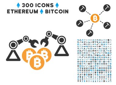 Robotik düz simge seti ile madencilik Bitcoin