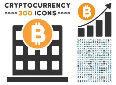 Bitcoin ofis binası düz simge seti ile