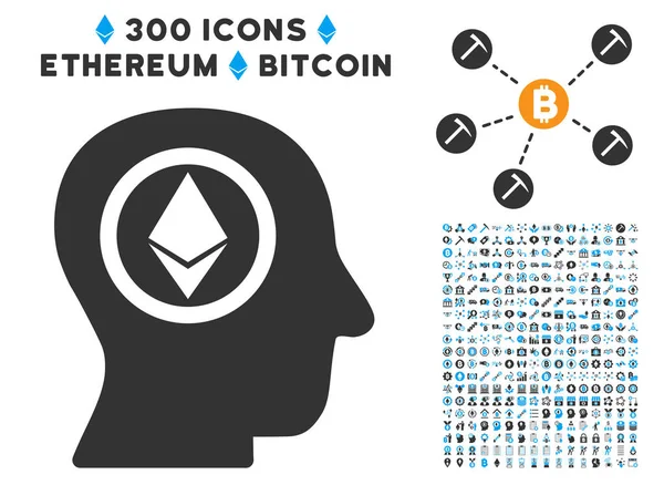 Ethereum tête mentale Icône plate avec ensemble — Image vectorielle