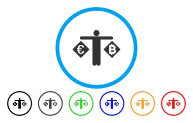 Kişi karşılaştırmak Euro ve Bitcoin yuvarlak vektör simgesi