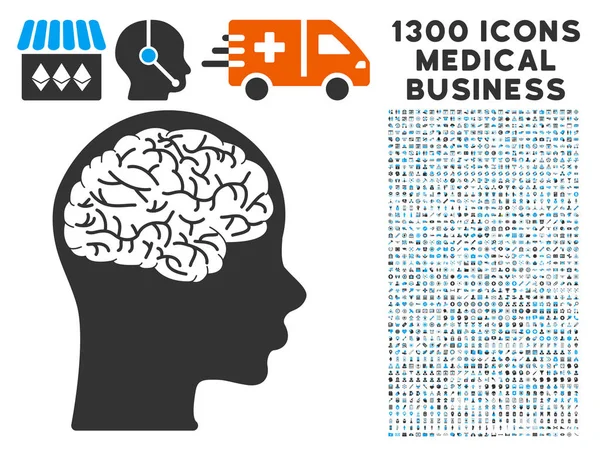 Εικονίδιο του εγκεφάλου με 1300 εικονίδια επιχειρήσεων στην ιατρική — Διανυσματικό Αρχείο