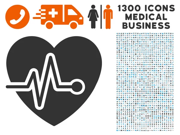 Icono de pulso cardiovascular con 1300 iconos de negocios médicos — Archivo Imágenes Vectoriales